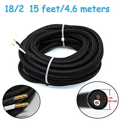 18/2 15Ft Vintage Electrical Wire Lamp Cord Rayon Covered Braided Black 18 AWG 2 Conductor 15 Feet Flexible Fabric Pendant Lighting Power Antique Cable(10A)