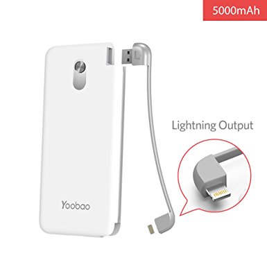 Portable Charger for iPhone with Built-in Lightning Cable Yoobao S5K 5000mAh External Battery Cable Charger Slim Travel Power Bank,Compatible for All iPhone X 8 7 6 Plus etc,Sweet New Year Gift-White