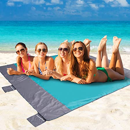 POPCHOSE Sandfree Beach Blanket, Large Sandproof Beach Mat for 4-7 Adults, Waterproof Pocket Picnic Blanket with 6 Stakes, Outdoor Blanket for Travel, Camping, Hiking (Green)