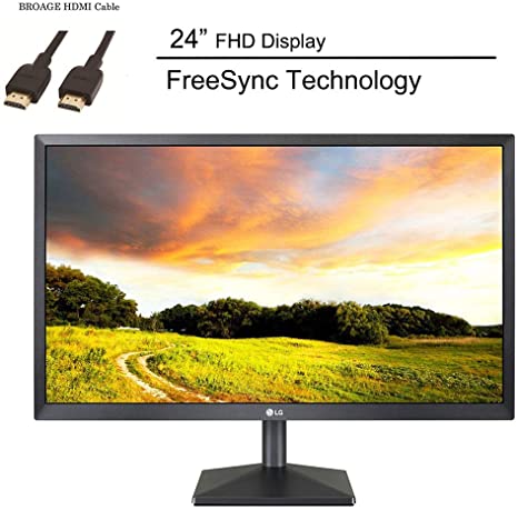 LG 24" Class Full HD TN Display Monitor, AMD FreeSync Technology, 1920 x 1080 Resolution, 75Hz Refresh Rate, 1000:1 Contrast Ratio, 1 ms Response Time, HDMI Ports, Black, BROAGE HDMI Cable 3ft