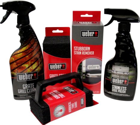 Weber Grill Cleaning Kit - Grill Spray Cleaner, Stainless Steel Polish, Grill Scraper, Stain Remover, and 10 Grill Scrubber Pads