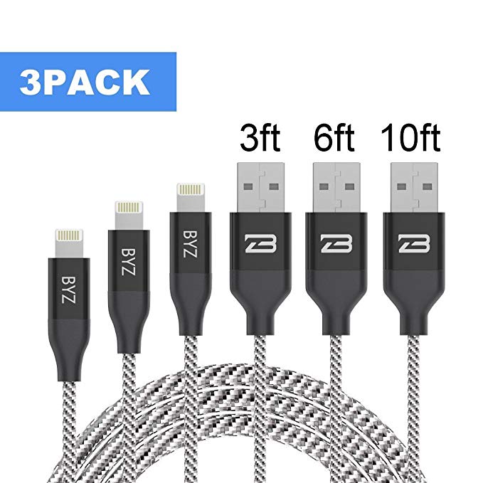 [3 PACK] BYZ iPhone Charger Lightning Cable - [3FT, 6FT, 10FT] Nylon Braided USB cable - Sync Charging Cord for iPhone X 8 Plus 8 7 Plus 7 6S Plus 6 Plus 6S 6, iPad 2 3 4 Mini, iPad Pro Air