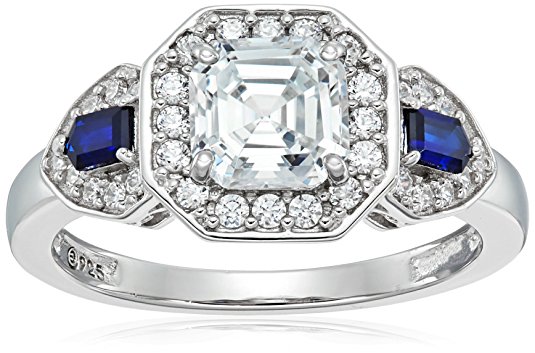 Platinum-Plated Sterling Silver Swarovski Zirconia Antique Asscher-Cut  and Created Sapphire Ring