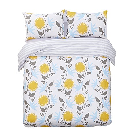 Word of Dream 200TC 100% Cotton Floral Print Duvet Cover Sets 3 PC, Sunflower Pattern, King