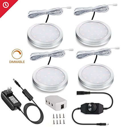 Dimmable Cabinet Lighting Kit, 4X Puck Lights, 8W 680 Lumen LED Under Counter Lighting, 6000K White