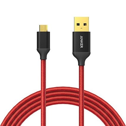 Anker 6ft / 1.8m Nylon Braided Tangle-Free Micro USB Cable with Gold-Plated Connectors for Android, Samsung, HTC, Nokia, Sony and More (Red)