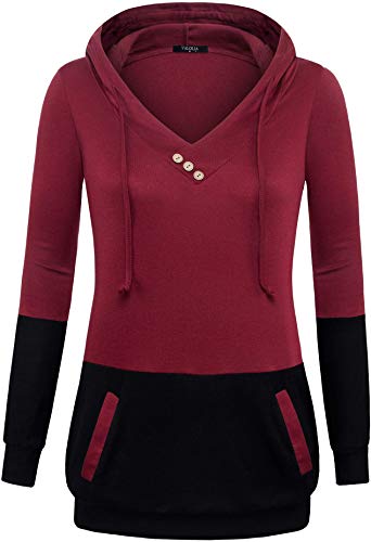 VALOLIA Women's Long Sleeve Plaid Pullover Color Block Hooded Sweatshirt with 2 Pockets