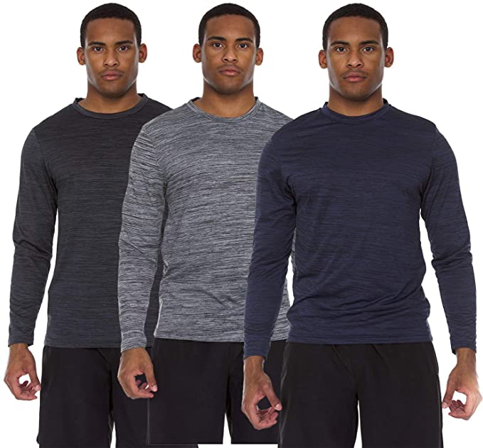 3 Pack: Men's Active Dry Fit Moisture Wicking UV Sun Protection Long Sleeve Athletic Performance Space Dyed Top