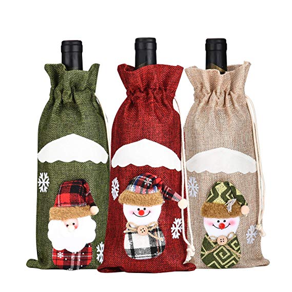 3pcs Christmas Wine Bottle Cover, Powder Bag Santa Claus Snowman Tableware for Christmas New Year Decoration
