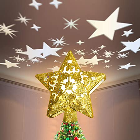Tenflyer Gold Star Christmas Tree Topper Lighted with Led Magic Rotating Stars Projector,3D Hollow Glitter Star Night Lamp for Christmas Tree Decor