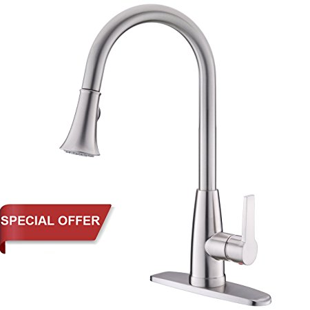 Commercial Stainless Steel High-Arch Brushed Nickel Single Handle Pull Down Sprayer Kitchen Sink Faucets, Kitchen Faucet with Deck Plate