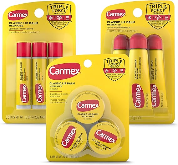 Medicated Lip Balm Variety Pack, Lip Moisturizer for Dry, Chapped Lips, Carmex Classic Sticks 0.15 oz, 3 count, Carmex Classic Tubes 0.35 oz, 3 count, Carmex Classic Jars 0.25 oz, 3 count