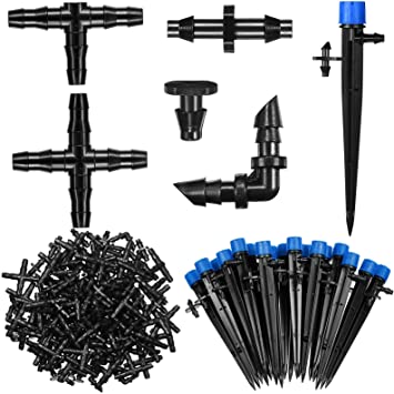 225 Irrigation Fittings Kit Drip Irrigation Barbed Connector Include 80 Straight Barb 60 Tees 20 Elbows 20 End Plug 20 4-Way Coupling and 25 Adjustable Water Flow Dripper for Tube (Black with Blue)