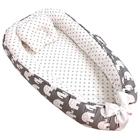 Brandream Portable Crib for Bedroom/Travel - Grey Elephant Newborn Baby Bassinet/Lounger/Nest/Cot Bed, 100% Soft Breathable Cotton