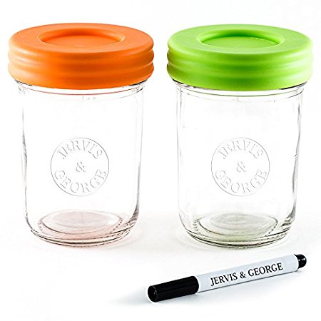 Glass Baby Food Storage Containers - Set contains 2 Small Reusable 8oz Jars with Airtight Lids - Safely Freeze your Homemade Baby Food