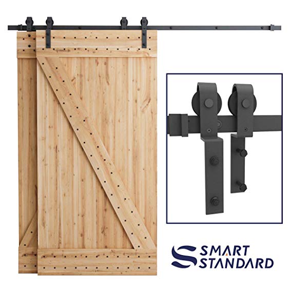 SMARTSTANDARD 8ft Bypass Sliding Barn Door Hardware Kit - Upgraded One-Piece Flat Track for Double Wooden Doors - Smoothly &Quietly - Easy to Install - Fit 48" Wide Door Panel (J Shape Hanger)