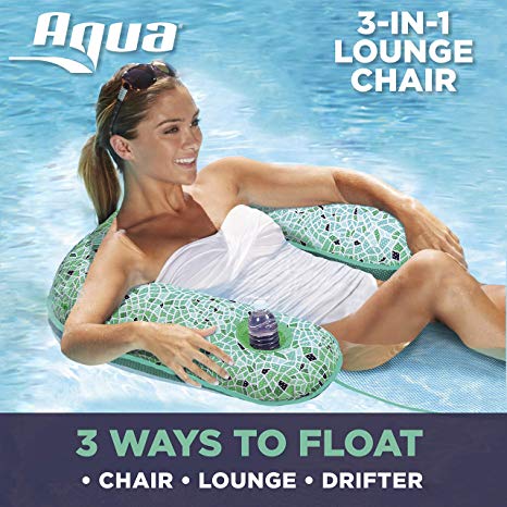 Aqua Mosaic 3-in-1 Lounge Chair, Multi-Purpose Inflatable (Chair, Drifter, Lounge) Pool Float, Aqua Green Mosaic
