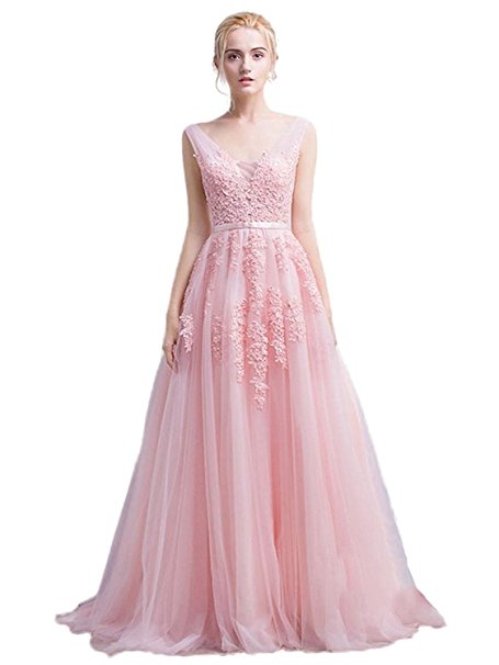 Babyonline Women's Double V-neck Tulle Appliques Long Evening Cocktail Gowns