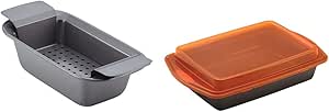 Rachael Ray Bakeware Meatloaf/Nonstick Baking Loaf Pan with Insert, 9 x 5 Inch, Gray & Nonstick Bakeware with Grips Nonstick Baking Pan With Lid and Grips/Nonstick Cake Pan, 9 x 13 Inch, Gray