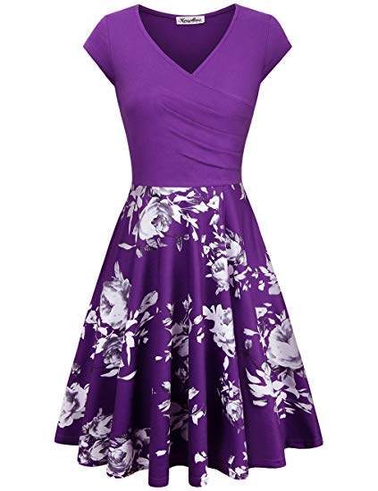 KASCLINO Womens Floral Printed Dress A Line Cap Sleeve V-Neck Elegant Dress with Pockets