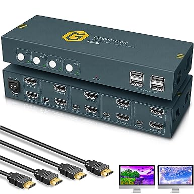 HDMI KVM Switch 4 Computers 2 Monitors,4 Port Dual Monitors Switch for 4 Computers,Dual Monitors KVM Switches Support USB2.0 UHD 4K@30Hz with EDID Emulators, 4 in 2 Out,Plug and Play