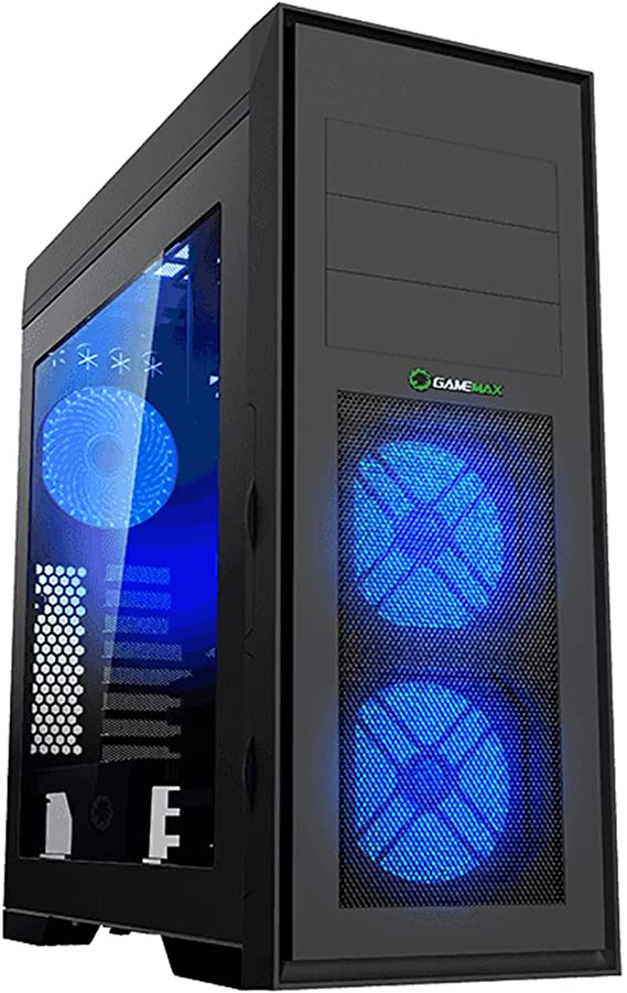 GAMEMAX Full Tower Chassis with Front Mesh Ventilation and ODD and Window Cases, ATX - High Airflow, 3 x LEDs Blue Cooling Fans Included, Black (Master M905)