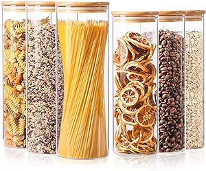 ComSaf Glass Food Storage Jars Set of 6, Tall Glass Storage Containers with Bamboo Lids, Canisters Sets for the kitchen, Spaghetti, Pasta, Flour, Nuts, Coffee and Sugar Container, Pantry Organization