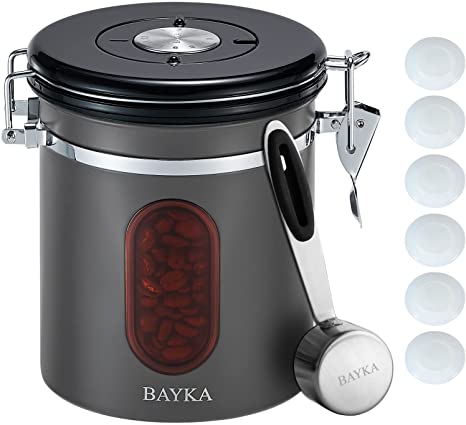 BAYKA Coffee Canister with Airtight Lid, Tawny Refill Window Coffee Container with Rotating Freshness Date, 6 Extra Exhaust Valves, Stores Whole Beans or Grounds, Includes Reusable Serving Spoon, 16 oz, Grey