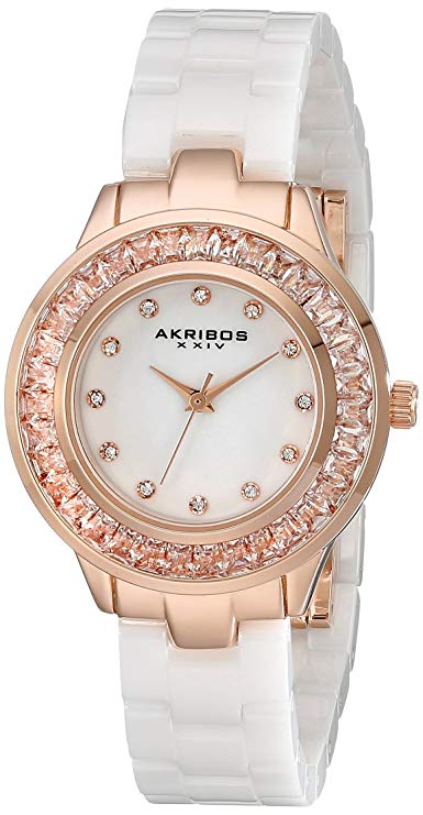 Akribos XXIV Women's AK781 Crystal Baguette Quartz Movement Watch with Mother of Pearl Dial and Ceramic Bracelet