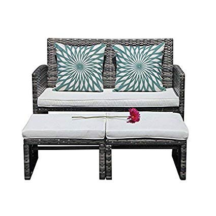 Orange Casual 3 Pieces Outdoor Wicker Loveseat Sofa Furniture Set with Ottoman Cushioned Seat Lounge Chair Couch for Patio, Backyard, Poolside