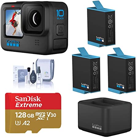 GoPro HERO10 Black, Waterproof Action Camera, 5.3K60/4K Video, 1080p Live Streaming, Power Bundle with Dual Charger, 3 Extra Battery, 128GB microSD Card, Cleaning Kit