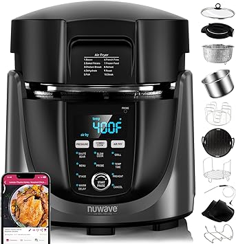 NuWave Duet Electric Pressure Cooker & Air Fryer Combo, 450 IN 1 Slow Cooker & Grill with Integrated Digital Temp Probe, 6qt SS Pot, Adjustable High/Low Pressure, Built-in Sure-Lock Safety Tech