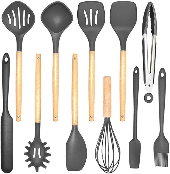Silicone Kitchen Utensils Set for Cooking - Large Cooking Utensils Heat Resistant Wooden Handle Slotted Spoon Jar Spatula Turner Tongs Whisk-SZBOB Kitchen Utensil Set with Holder for Nonstick Cookware