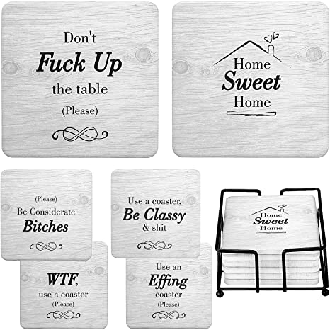Funny Coasters for Drinks Absorbent with Holder - 6 Pcs Novelty Gift Set - 6 Sayings - Unique Present for Friends, Men, Women, Housewarming, Birthday, Living Room Decor, White Elephant, Holiday Party