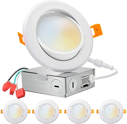 [4-Pack] PROCURU 4-Inch Gimbal Adjustable LED 2700K-6000K Color Selectable, Ultra-Thin Recessed Ceiling Downlight with J-Box, Dimmable Can-Killer Downlight, 9Watt 700Lm, ETL Certified