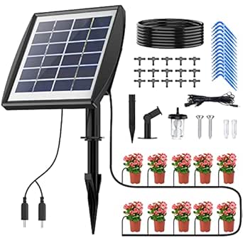 Ankway Sistema di irrigazione a energia solare, 15 m sistema automatico di irrigazione a goccia a energia solare, dispositivo autoirrigante con timer per serra, giardino, balcone