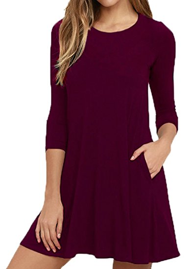 Viishow Womens Round Neck 3/4 Sleeves A-Line Casual Tshirt Dress With Pocket