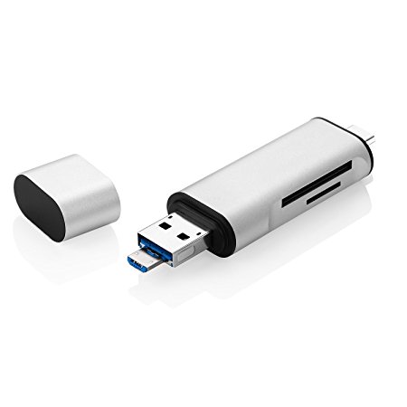 CoJoie SD TF Card Reader with Adapter 3-in-1 for USB-C / USB-A / Micro-USB Port, Aluminum Shell, Silver