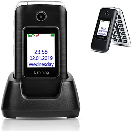 Ushining 3G Seniors Phone Unlocked SIM-Free 3G 2G Phone Dual SIM Card Slots 3G Flip Phone Large Button Large Volume with Charging Cradle (Black)
