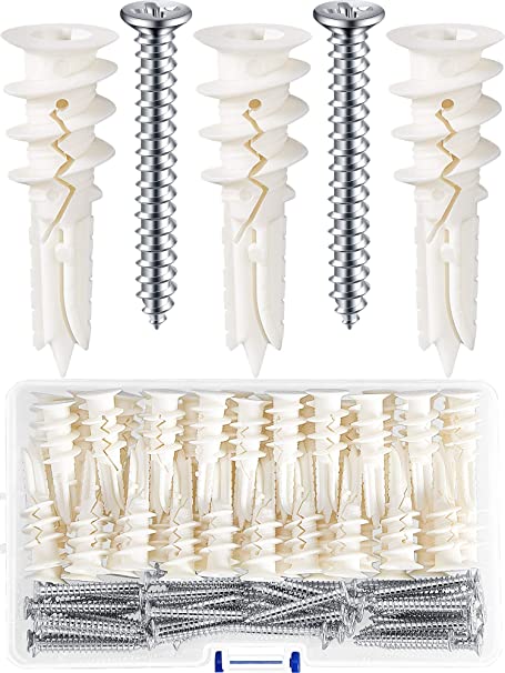 100 Pieces Self Drilling Drywall Kit, Reinforced Nylon Hollow Wall Anchors with Screws Self-Tapping Anchors and 50lb Rating for Hanging Items