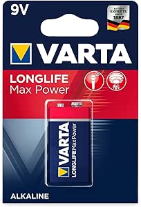 VARTA Longlife Max Power blocco da 9V Batterie 6LR61 (pacco da 1) Batteria alcaline blocco E - Made in Germany - Ideali per rilevatori antincendio, rilevatori di fumo, accordatori