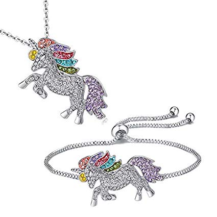 iloveDIYbeads 2 Pack Silver Tone Rainbow Unicorn Necklace Bracelet Set for Girls Best Friend Necklace Bracelet