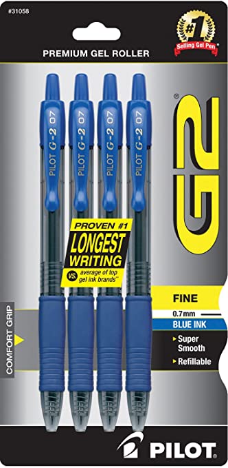 PILOT G2 Premium Refillable & Retractable Rolling Ball Gel Pens, Fine Point, Blue Ink, 4-Pack (31058)