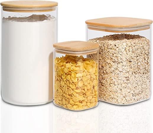 ComSaf 128/111/37 oz Glass Food Storage Containers, Glass Flour and Sugar Containers with Airtight Lids, Large Square Glass Jars with Bamboo Lids for Rice, Pasta, Oats, Grains, Cookies, Coffee Beans