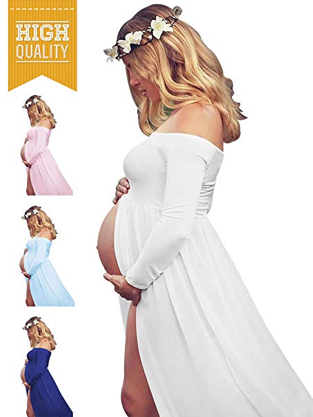 Women's Off Shouler Long Sleeve Maternity Dress for Photography Chiffon Maternity Gown for Photoshoot