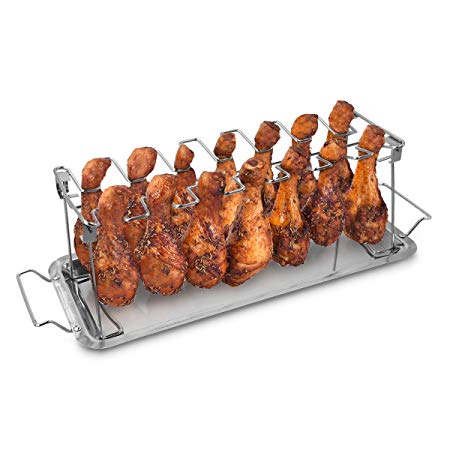 Navaris Stainless Steel Grill Tray - 2 in 1 Stand for 12 Chicken Legs or Wings - Grilling Accessory for Barbecue Grill Oven with Dip Tray