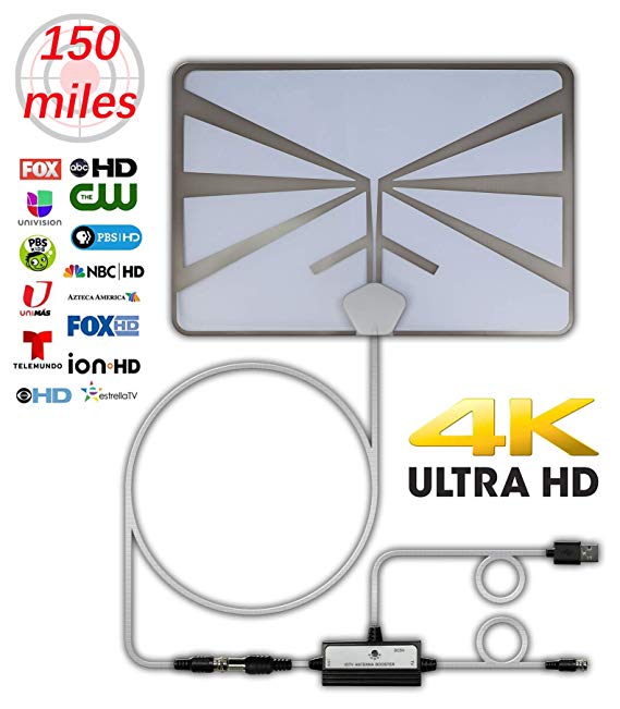 HTV 4K HDTV TV Antenna 150 Miles Range Indoor Digital TV Antennas with Signal Amplifier Booster Support 4K 1080P 16Ft Coaxial Cable UHF VHF, TV Antennas for Digital TV Indoor, Best One 2019 White