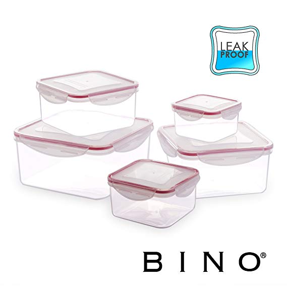 BINO TRUELOCK 10-Piece Square Leak-Proof Plastic Snap Lock Food Storage Container Set with Lids, Red