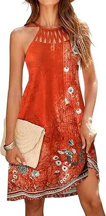 Bluetime Womens Summer Casual Halter Dress Crochet Hollow Out A-line Floral Boho Beach Sundresses with Pockets