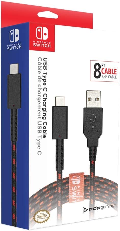 PDP Gaming Charge Cable | 8 Feet USB C Charger: Black/Red - Nintendo Switch